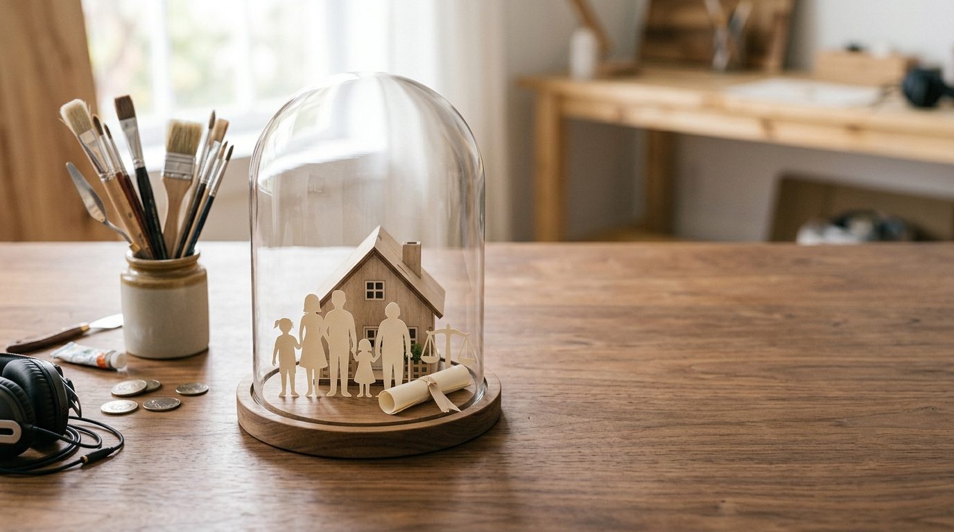 A protective glass dome over a paper family and house, symbolizing how a special needs trust shields a child's future