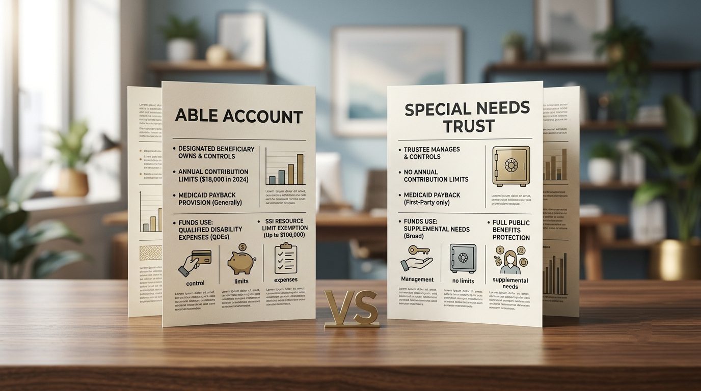 Two documents labeled "ABLE Account" and "Special Needs Trust" side by side, comparing the two planning tools