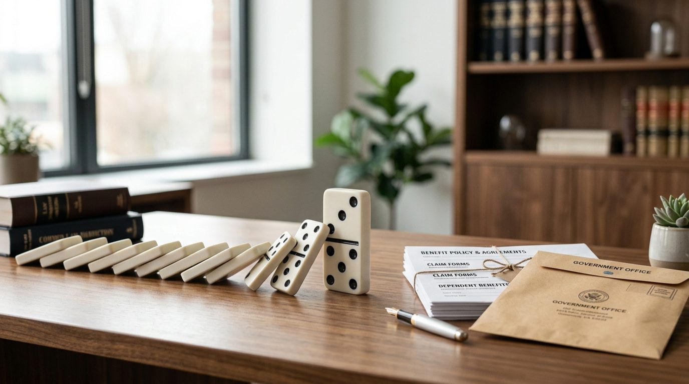 A single domino stopping a chain from falling beside benefit paperwork, symbolizing how a special needs trust protects a family's SSI and Medi-Cal