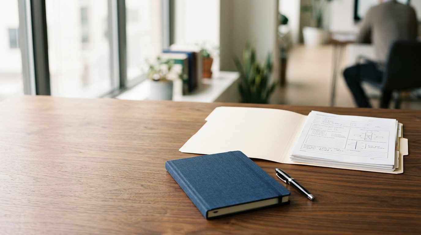 An open folder of paperwork beside a fresh notebook on a desk, representing the first steps a parent takes after a child's special needs diagnosis