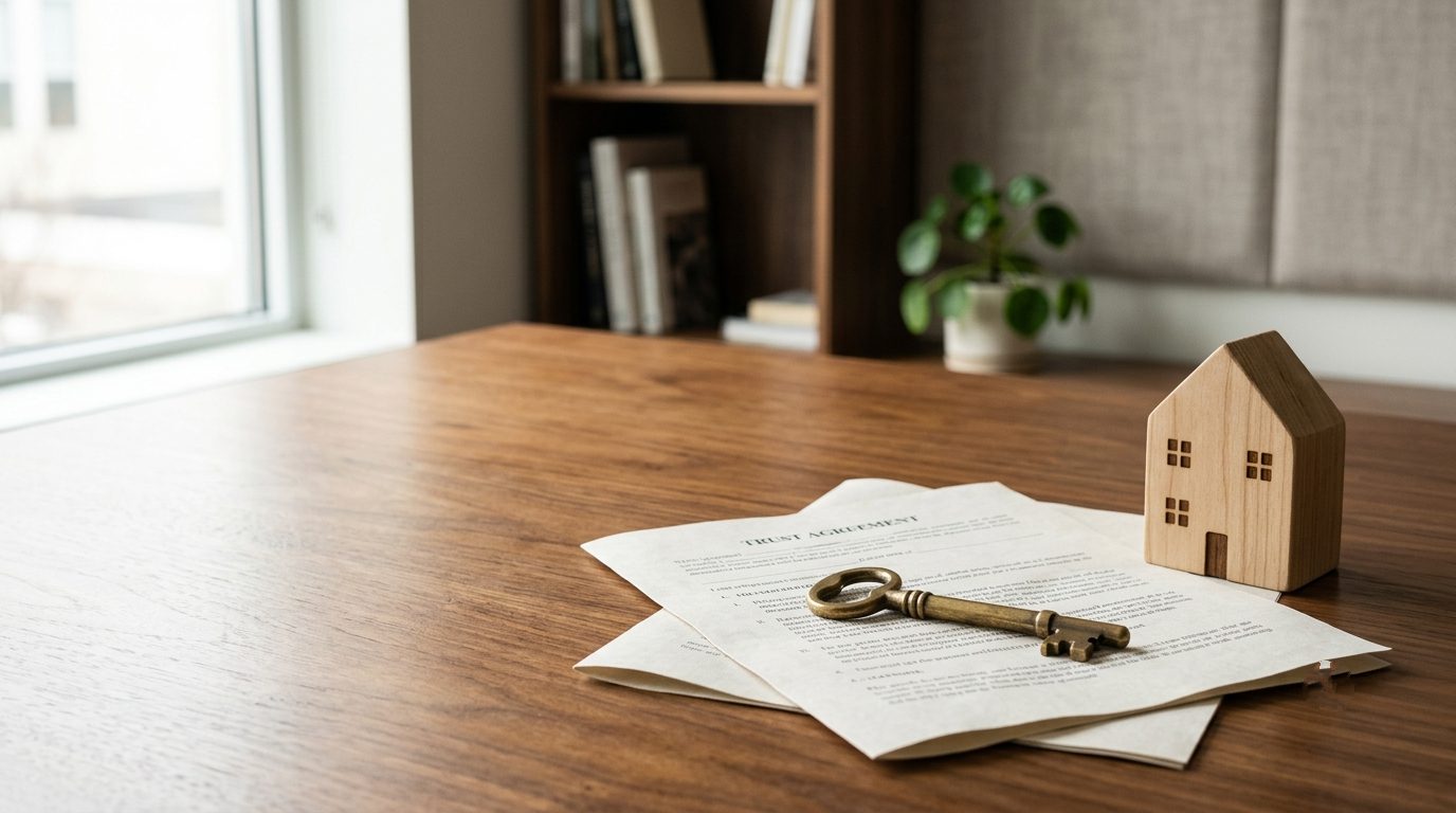 A key resting on a legal document beside a small house, symbolizing the responsibility of choosing the right trustee for a special needs trust