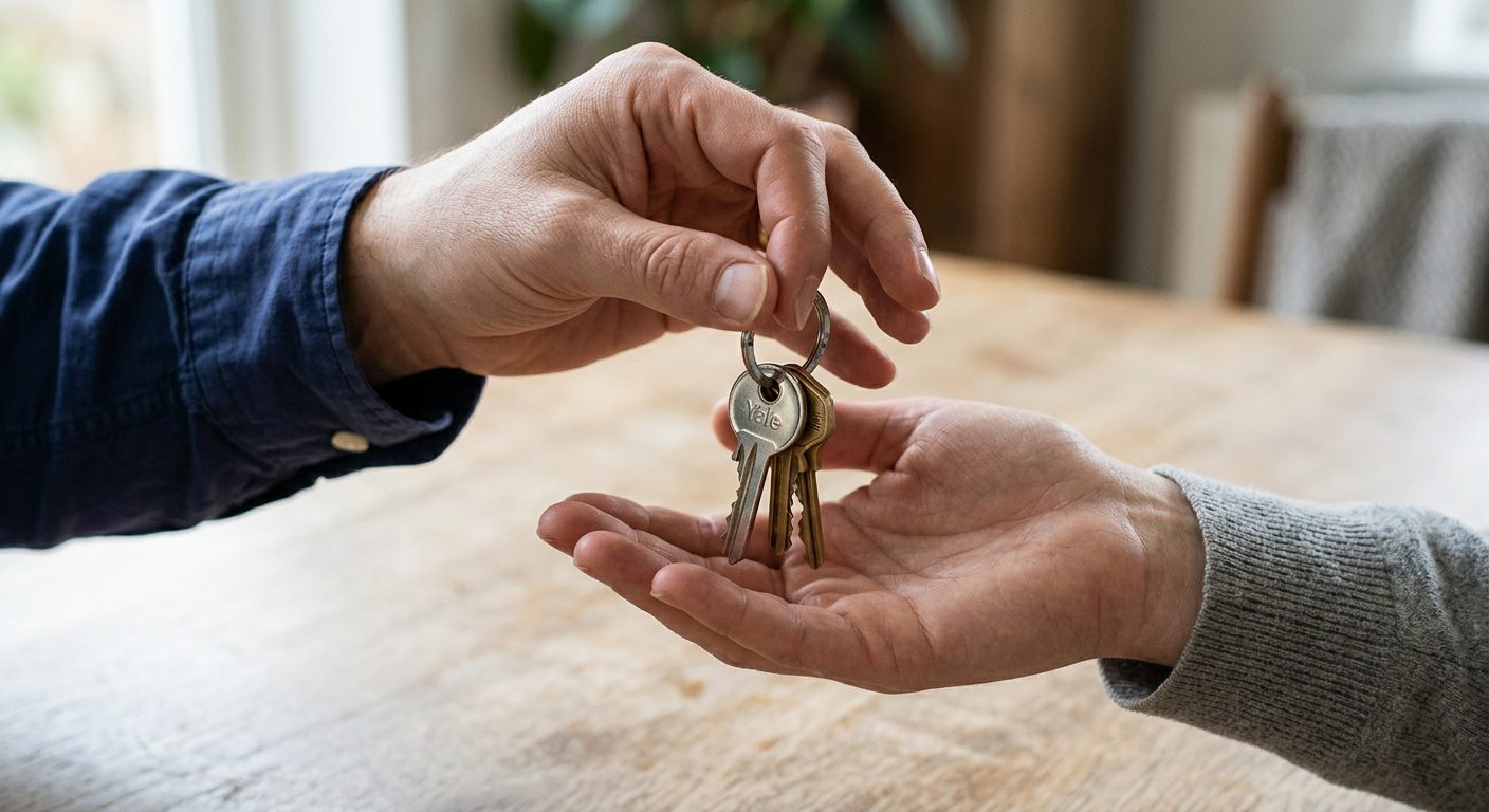 One person handing house keys to another across a table, representing passing on a home through estate planning.