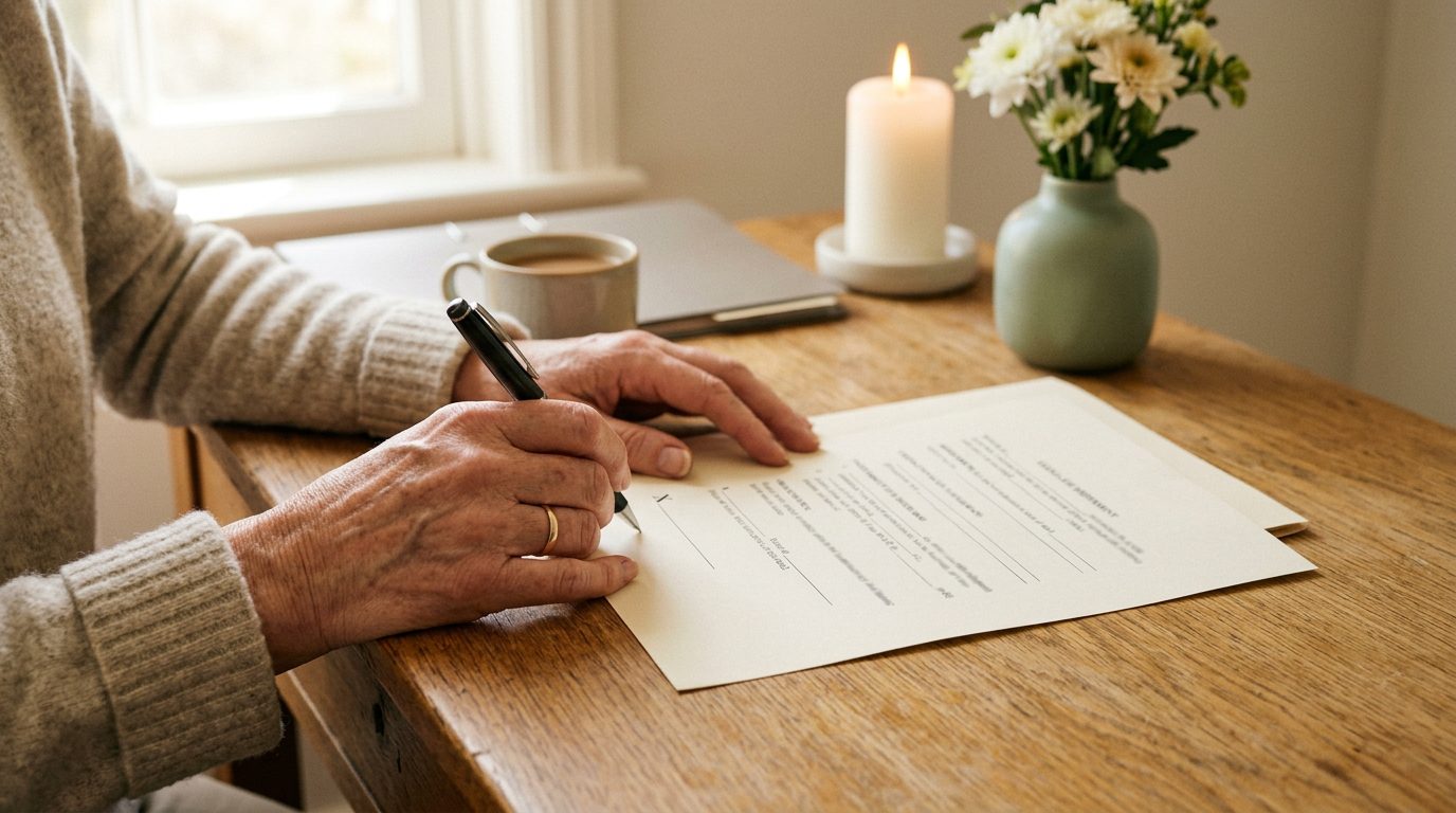Person signing a funeral and estate planning document at home in California.