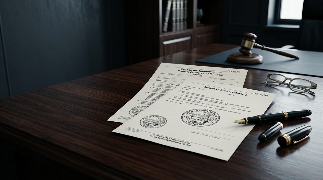 Conservatorship court documents, a pen and a gavel on a dark law office desk, conveying the legal seriousness of a limited conservatorship at 18