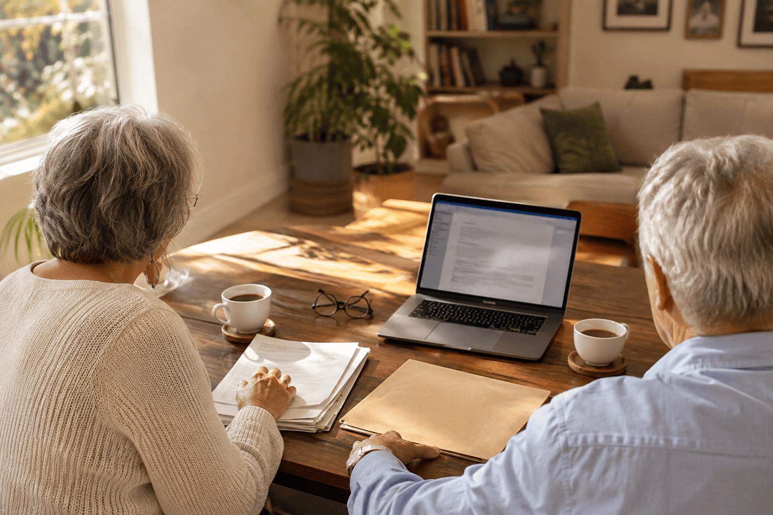 Elderly couple reviewing estate planning and Medi-Cal documents together at home in California.