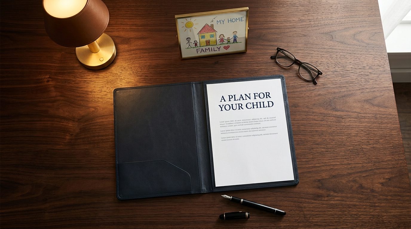 An open leather portfolio with a document titled "A Plan for Your Child" beside a child's family drawing on a law office desk, representing special needs planning