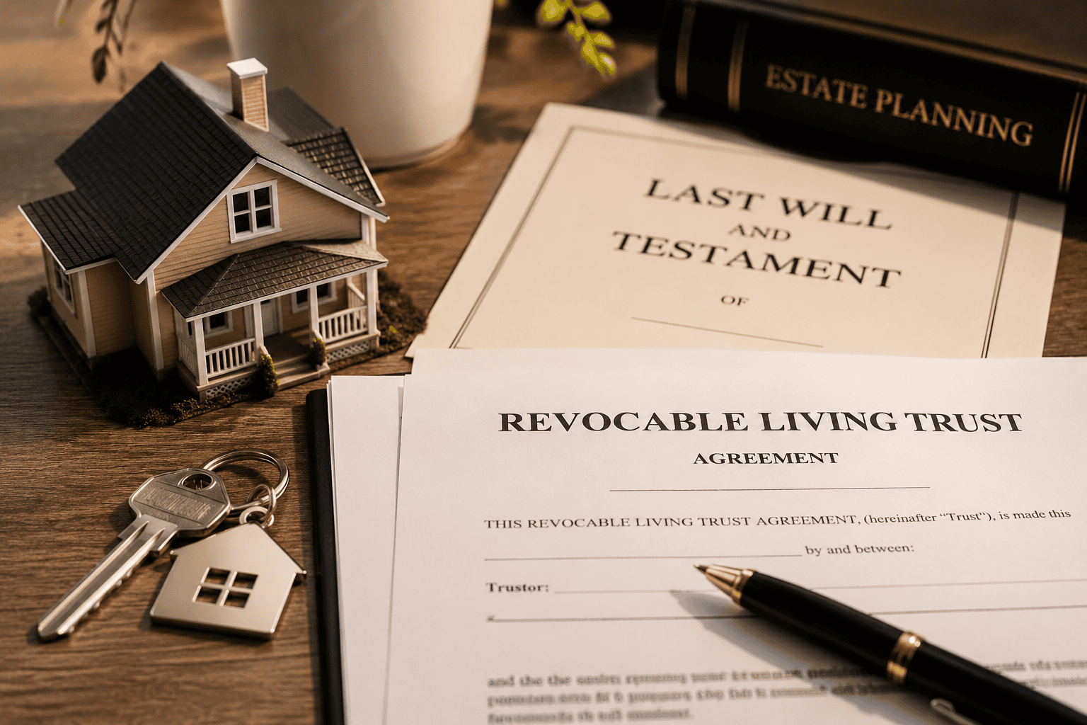 California homeowner estate planning with house keys, model home, and revocable living trust document on a desk.