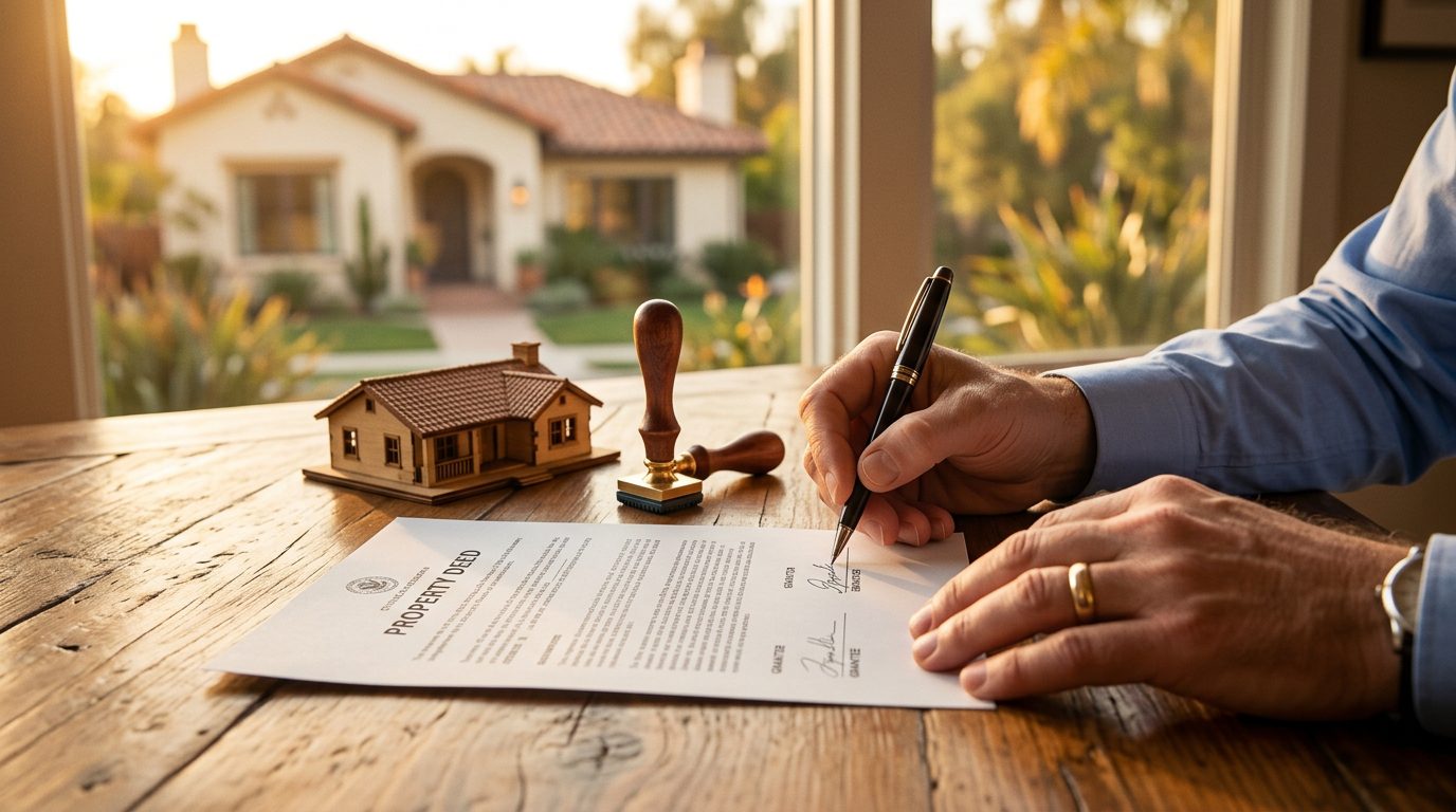 Signing a property deed to transfer real estate into a living trust in California.