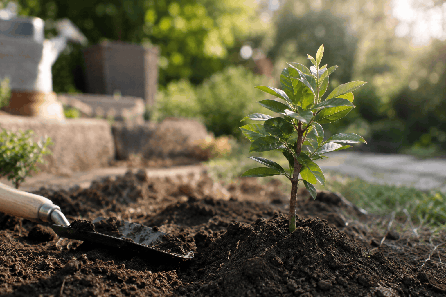 A young tree planted in rich garden soil, symbolizing human composting as an eco-friendly end-of-life option in California.